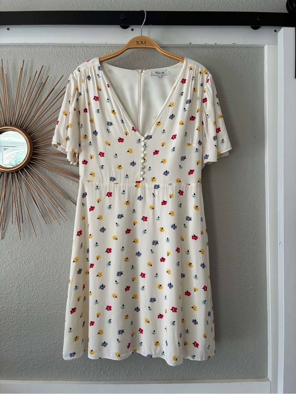 Madewell Ivory Mini Dress with Red, Yellow & Blue Floral Print